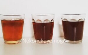江華島よもぎ3年熟成と5年熟成の煮出し比較｜左から細断・粉砕・5年熟成
