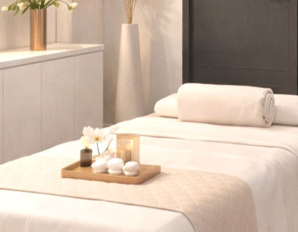 静かな光に包まれたサロンの施術ベッド